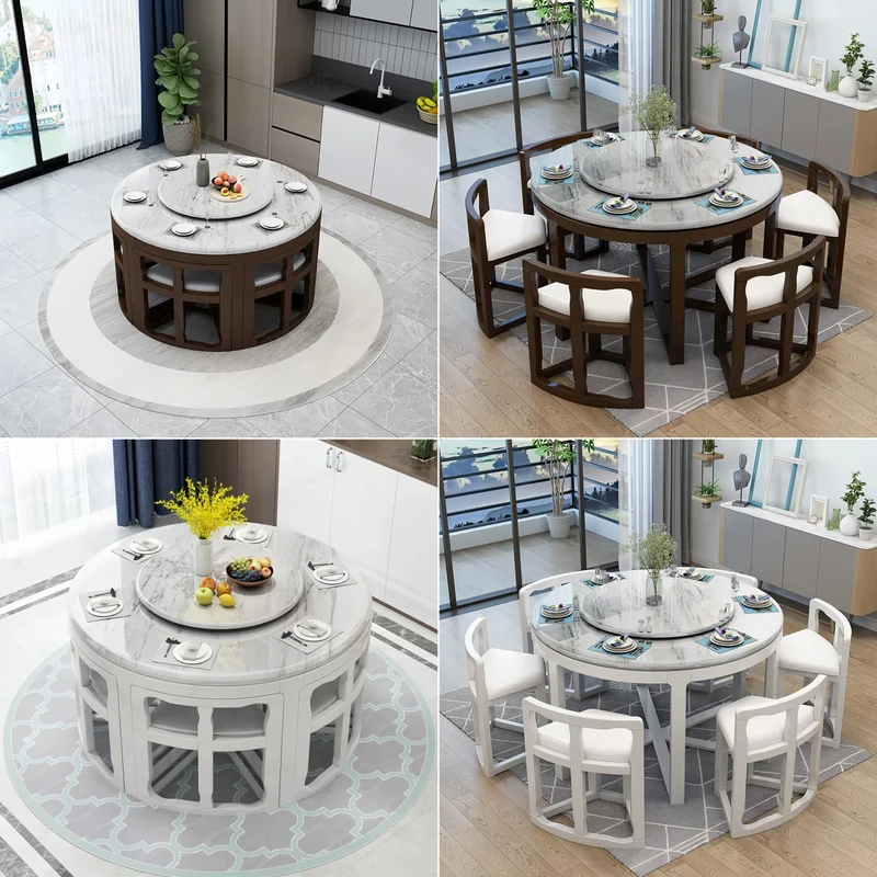Mesa de comedor redonda apilable de madera maciza con 6 sillas.