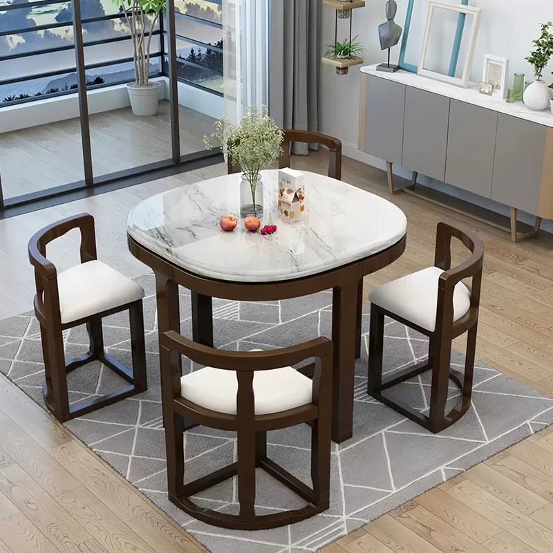 Juego de mesa de comedor apilable de madera maciza que ahorra espacio con 4 sillas.