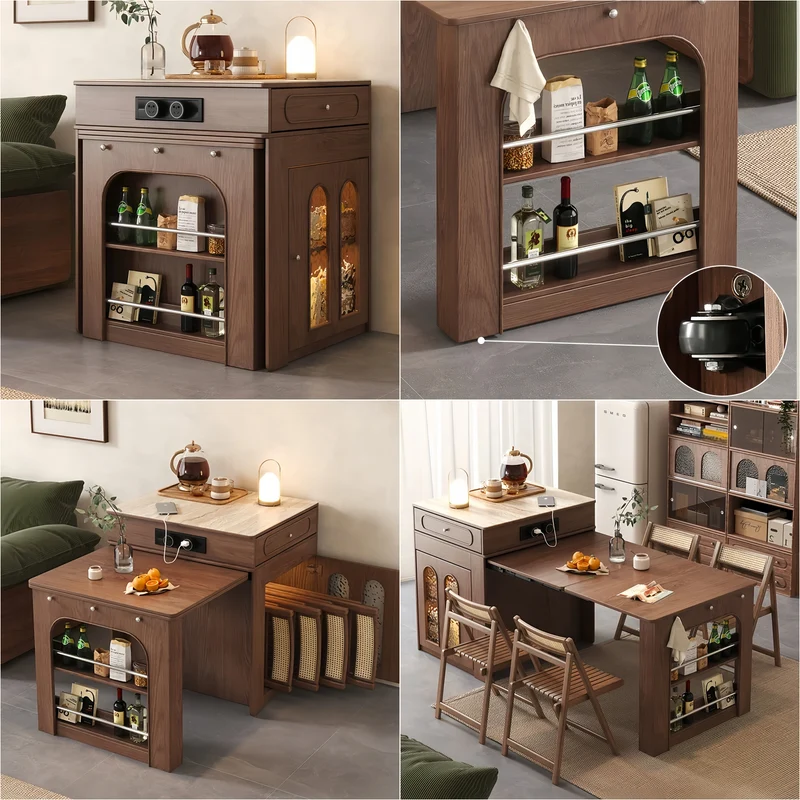 Isla de cocina extensible de madera maciza con 4 sillas plegables.