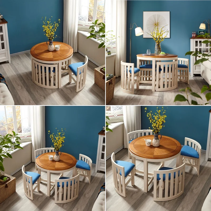 Conjunto de mesa de comedor redonda apilable de madera maciza y 4 sillas que ahorra espacio.