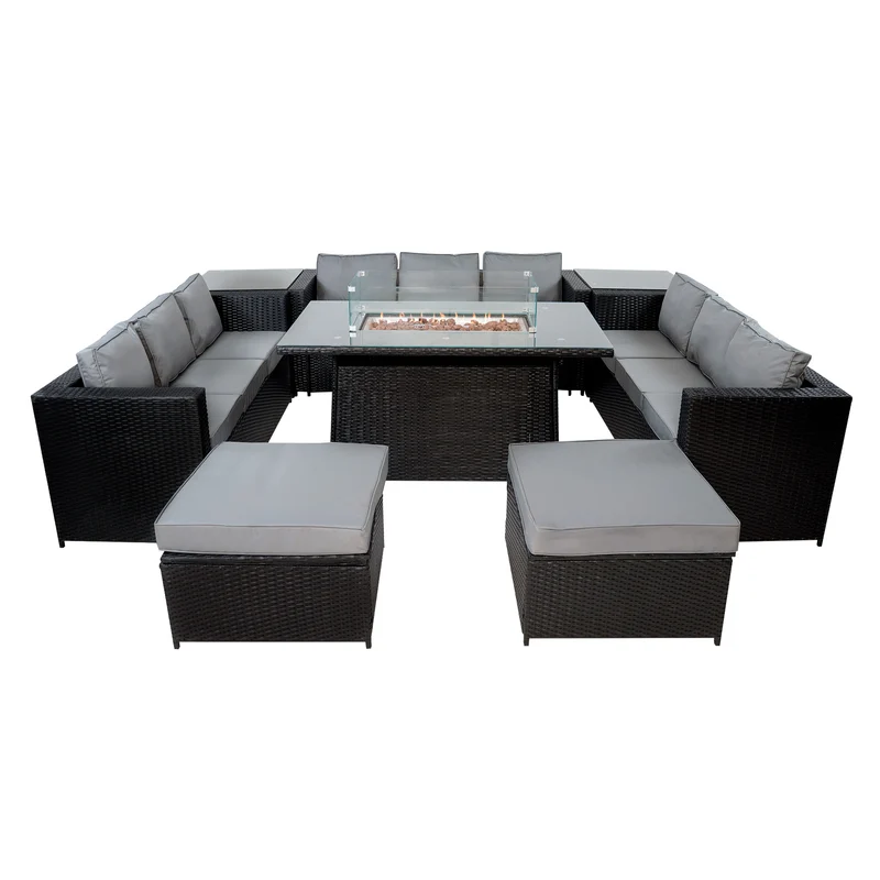 Conjunto de Jardín de Ratán 11 Plazas con Mesa de Fuego a Gas – Negro