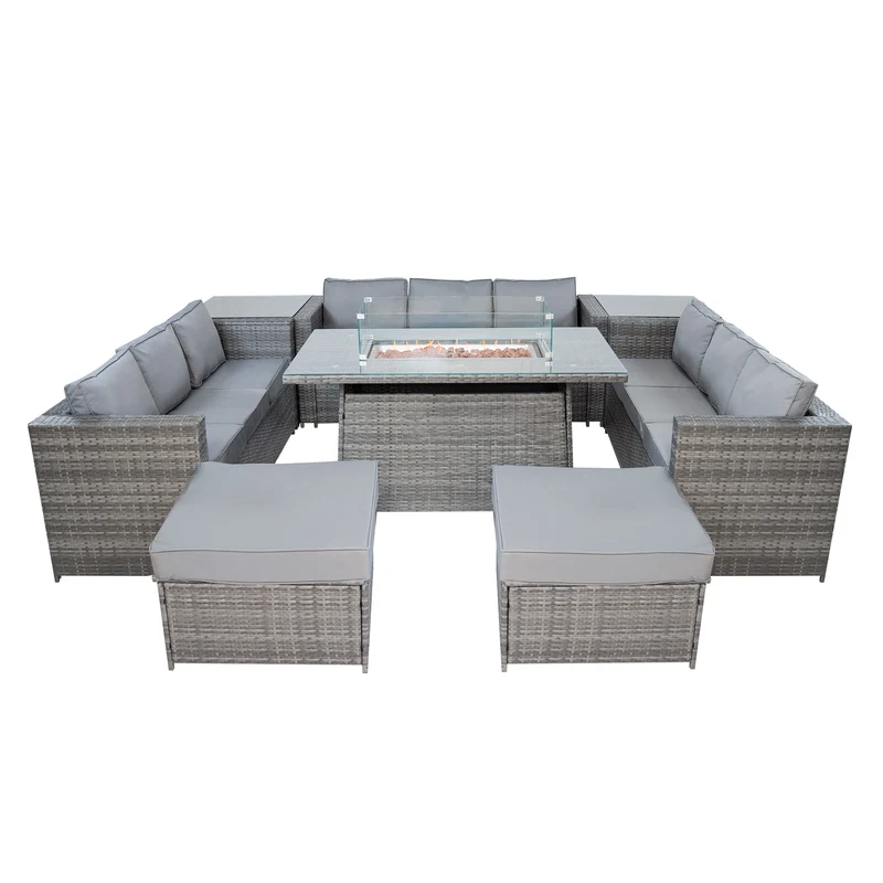 Conjunto de Jardín de Ratán 11 Plazas con Mesa de Fuego a Gas – Gris