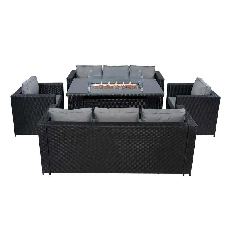 Conjunto de Jardín de Ratán 8 Plazas con Mesa de Fuego a Gas – Negro