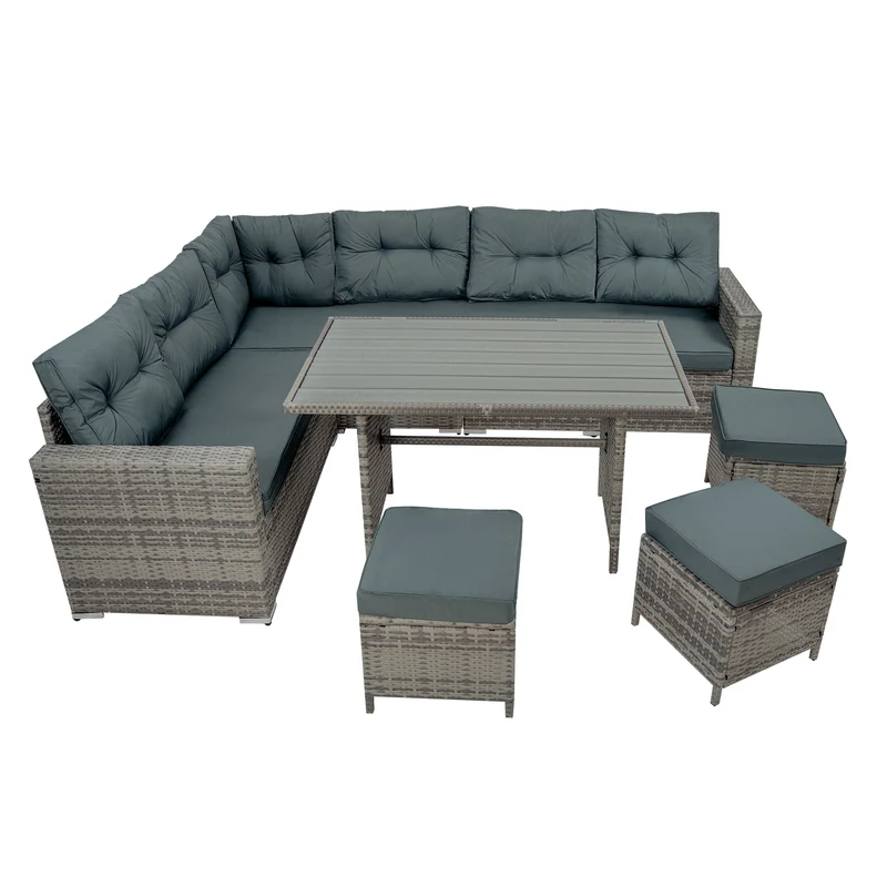 Conjunto de Ratán con Sofá Rinconera y Mesa de Madera Sintética – Gris