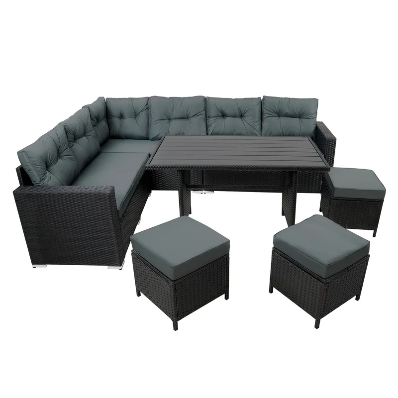 Conjunto de Ratán con Sofá Rinconera y Mesa de Madera Sintética – Negro