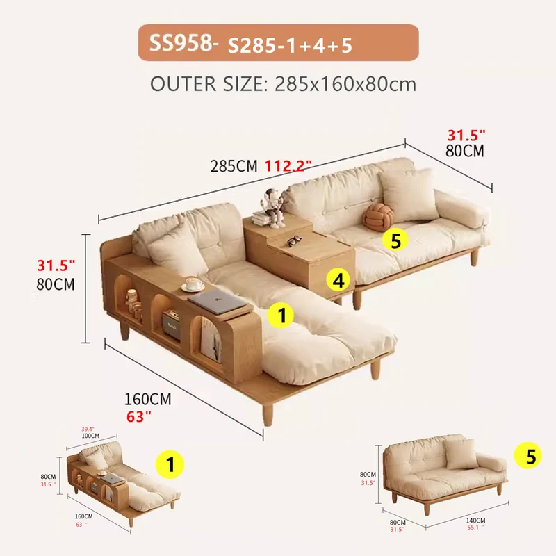 Sofá Japandi de madera maciza con bandeja con reposabrazos giratorio y mesa auxiliar elevable