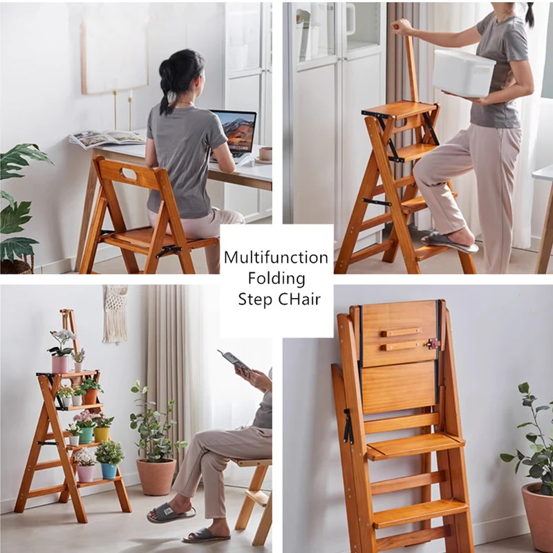 Silla plegable multifunción de madera maciza con reposabrazos