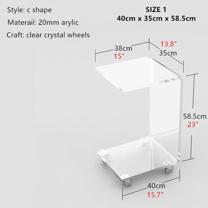 Mesa decorativa de acrílico en forma de C con ruedas