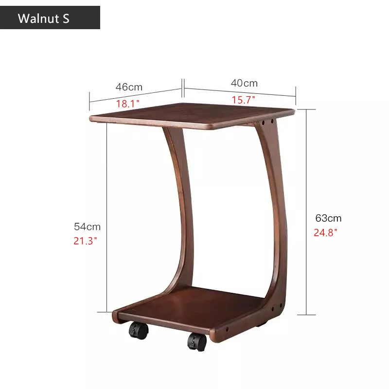 Mesa auxiliar en forma de C de madera maciza con ruedas giratorias