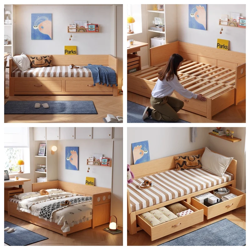 Sofá cama extraíble POLKA de madera maciza con cajones de almacenamiento debajo