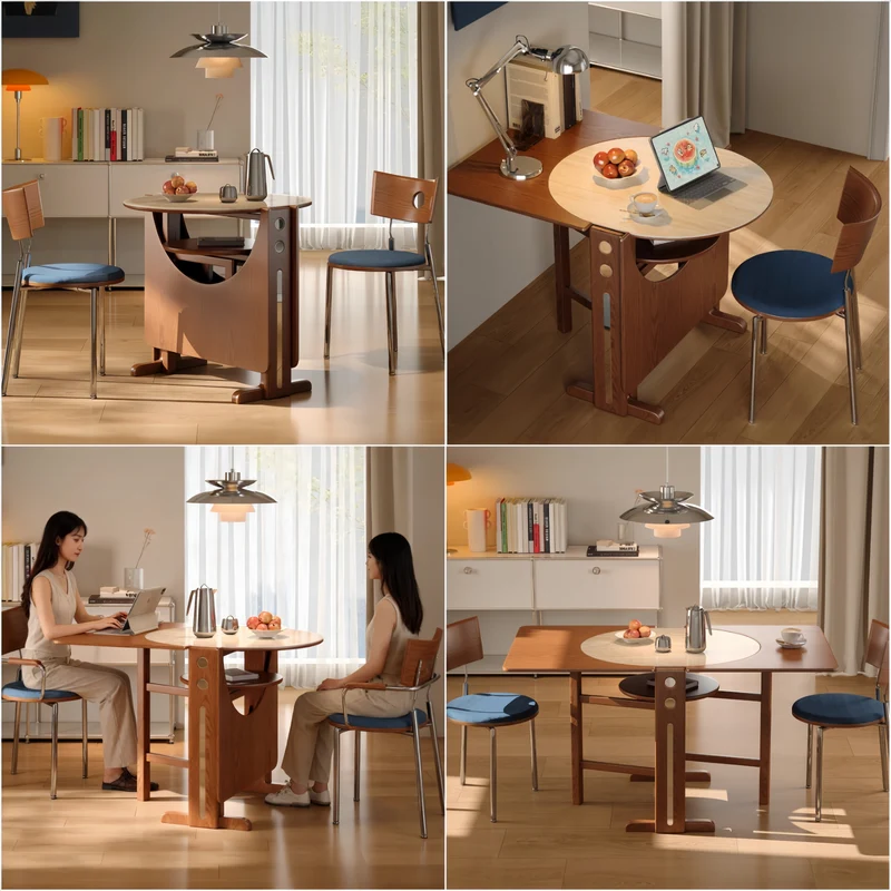 Mesa de comedor de madera maciza con dos hojas abatibles y tablero de piedra sinterizada