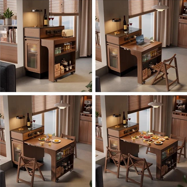 Isla de cocina extensible de madera maciza con espacio de almacenamiento y 4 sillas de comedor plegables.