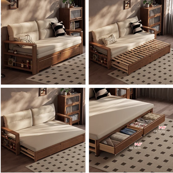 Sofá cama extraíble de madera maciza con cajones de almacenamiento debajo