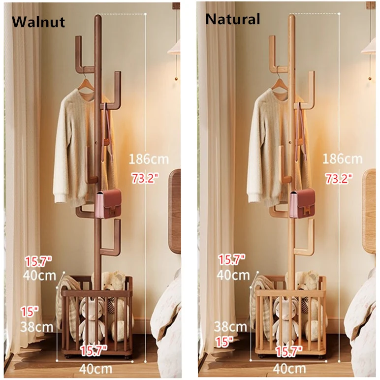 Perchero de madera maciza con forma de cactus, cesta y ruedas universales