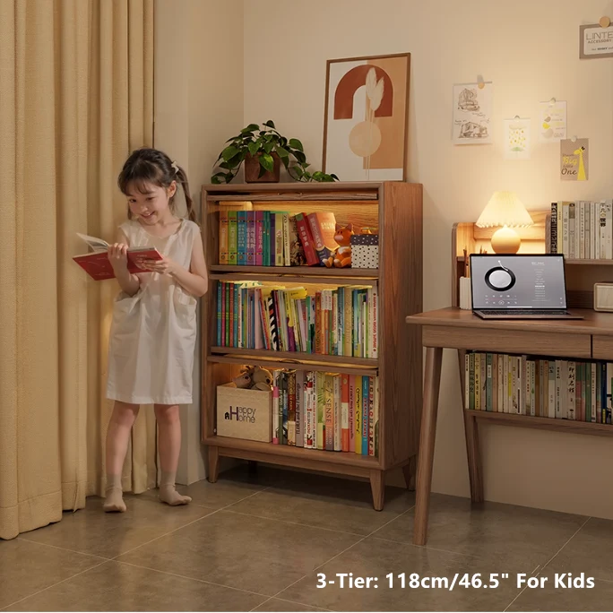 Librería de madera maciza con puertas abatibles de vidrio templado