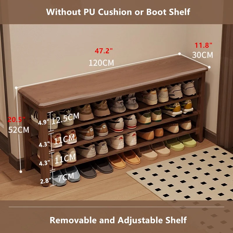 Banco de almacenamiento de zapatos ajustable de madera maciza con cojín de PU suave