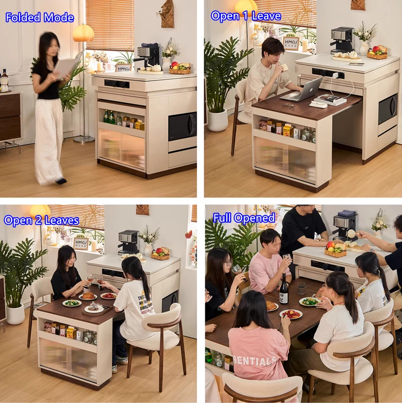 Mesa de cocina extensible multifuncional con encimera deslizante y amplio armario de almacenamiento