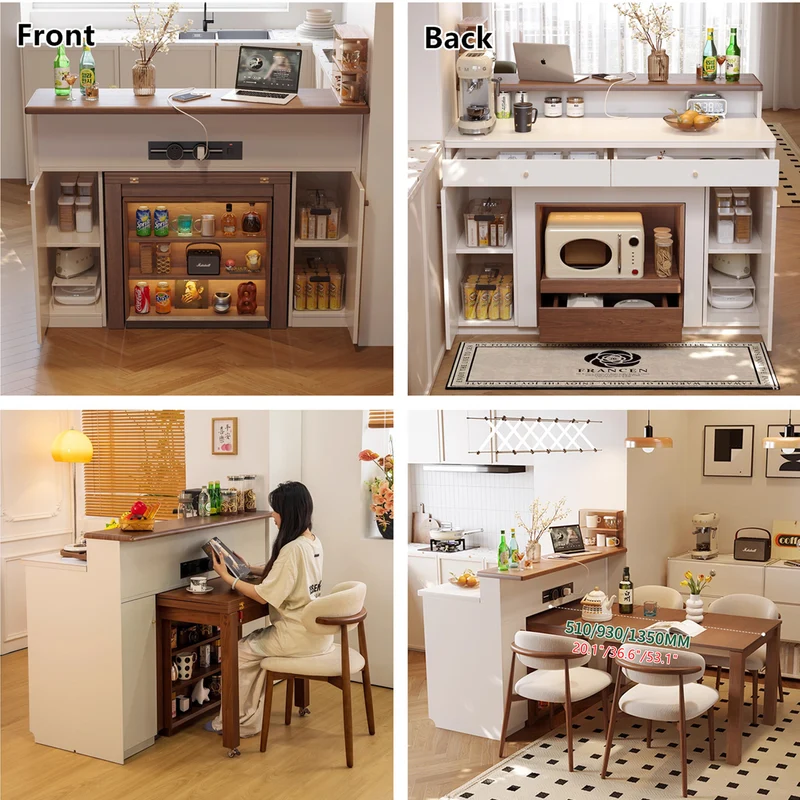 Mesa de isla de cocina extensible que ahorra espacio con amplio gabinete de almacenamiento