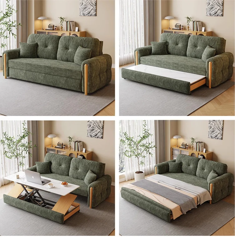 Sofá cama 3 en 1 de tela de chenilla con mesa de centro elevable eléctricamente
