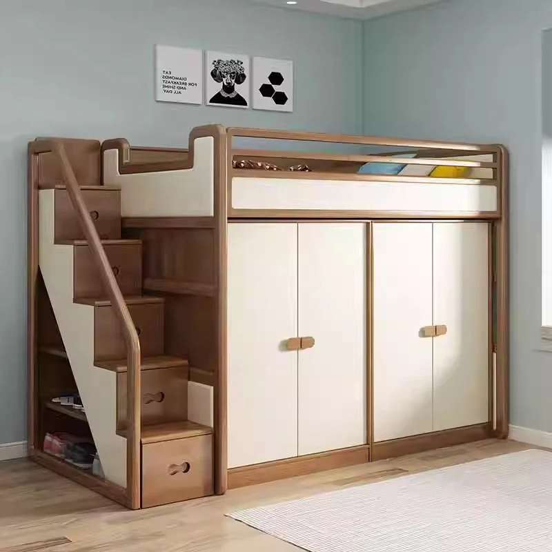 Cama alta de madera maciza de fresno con armario bajo