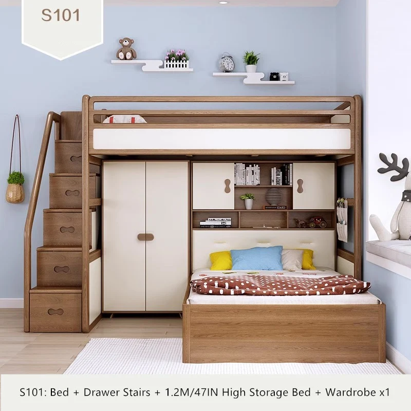 Cama alta de madera maciza de fresno con armario alto, cajón, escalera y escritorio.