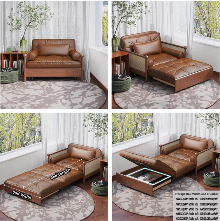 Sofá cama retro de cuero con reposabrazos de tejido de ratán y espacio de almacenamiento debajo.