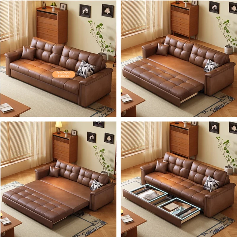 Sofá cama extraíble de tela de cuero retro con espacio de almacenamiento debajo