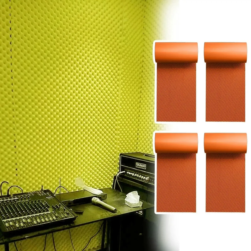 Orange High-Density Acoustic Foam Panels with Self Adhesive Peel and Stick to Banish Echo for Studio Vibes. These Easy Cut Soundproofing Wall Panels Offer Nifty Noise Reduction for Music Rooms and Home Theaters. A Dope Audio Dampening Solution.
