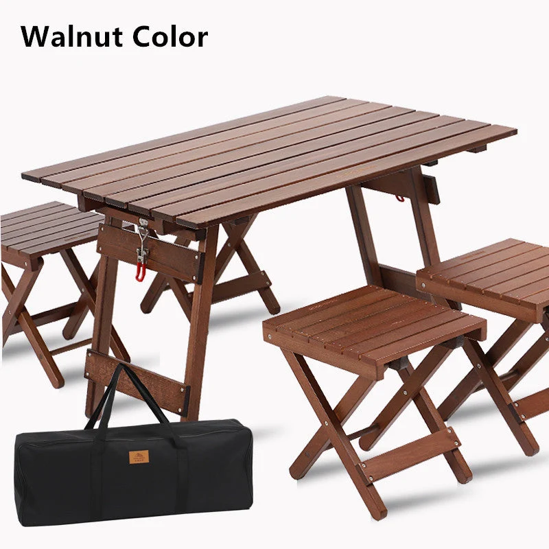 Mesa de madera maciza plegable para acampar al aire libre con juego de 4 sillas plegables