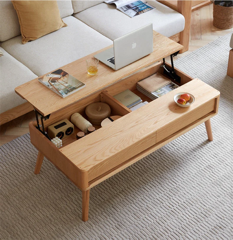 Mesa de centro elevable de madera maciza con cajones y compartimentos de almacenamiento ocultos