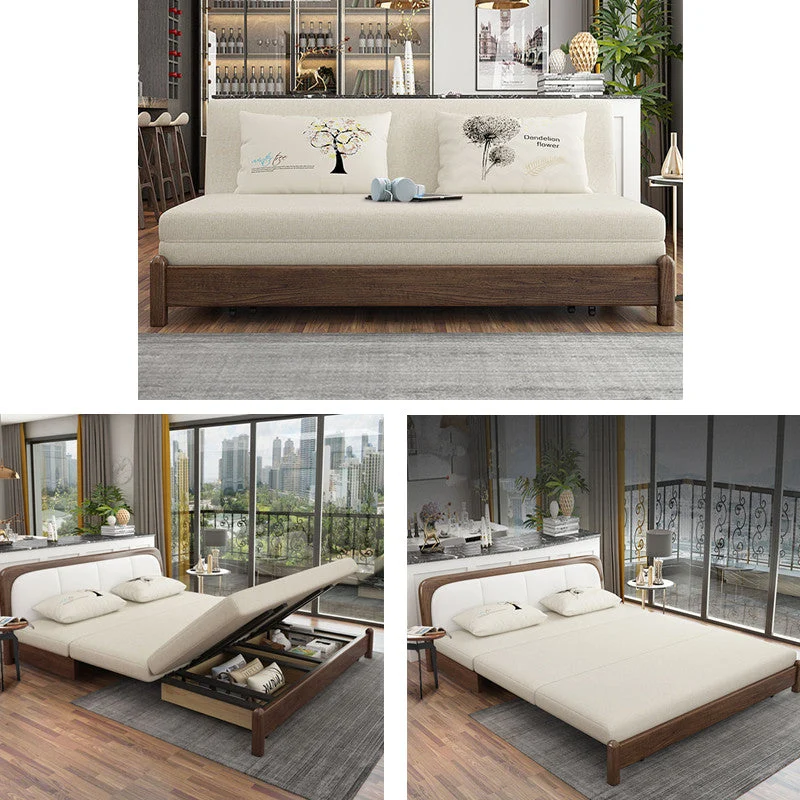 Sofá cama convertible moderno con estructura de madera maciza y almacenamiento debajo