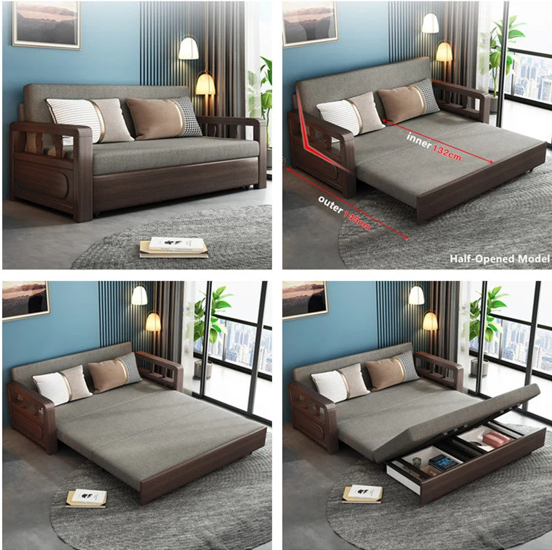 Sofá cama convertible moderno con estructura de madera maciza y almacenamiento debajo