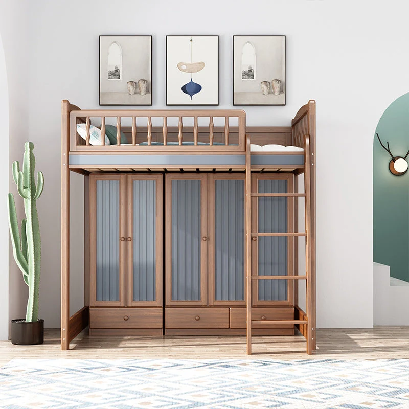 Cama alta de madera maciza con armario y escritorio
