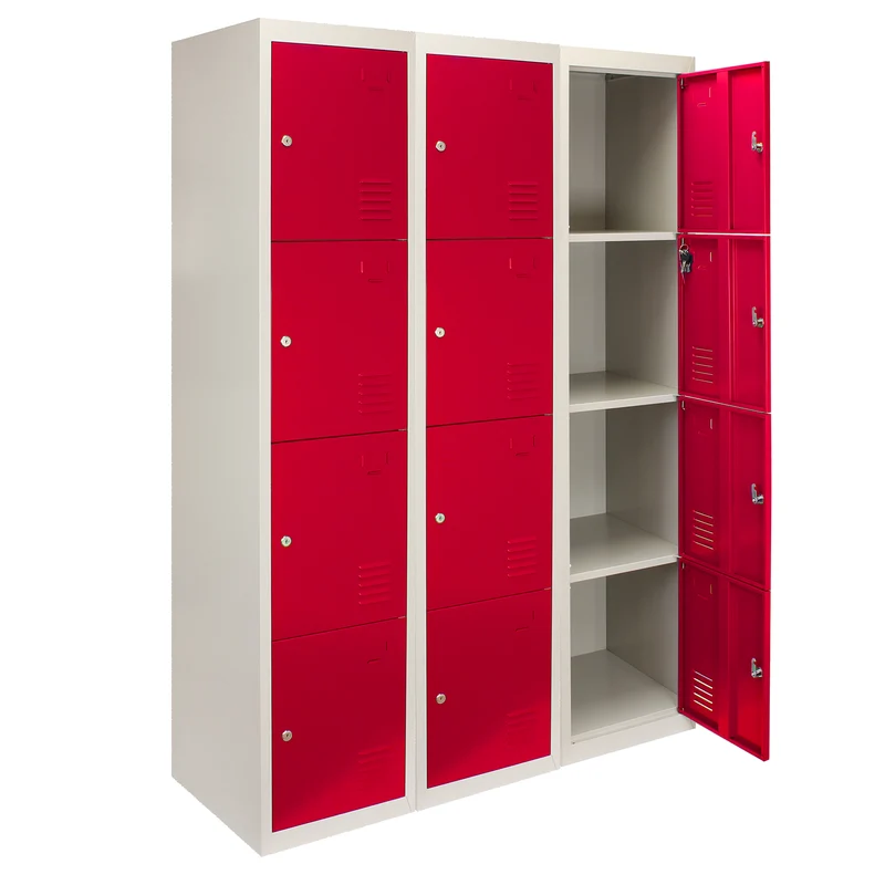 3 Taquillas para Ensamblar con 4 Puertas Rojas de Acero para Escuela y Gimnasio