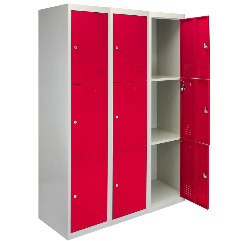 3 Taquillas para Ensamblar con 3 Puertas Rojas de Acero para Escuela y Gimnasio