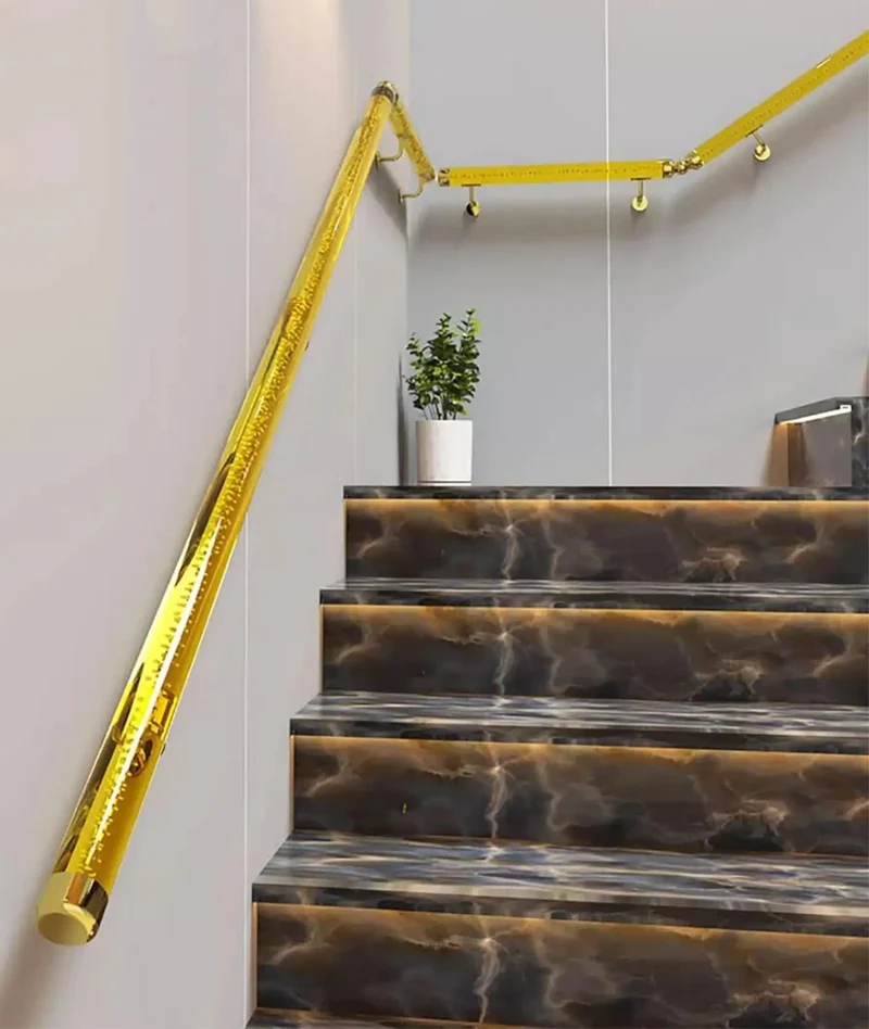 Clear Acrylic Stair Handrail With Rock Solid Gold Wall Mount Brackets And Slick Non Slip Grip For Heavy Duty Safety Banisters And Top Shelf Modern Indoor Stair Support