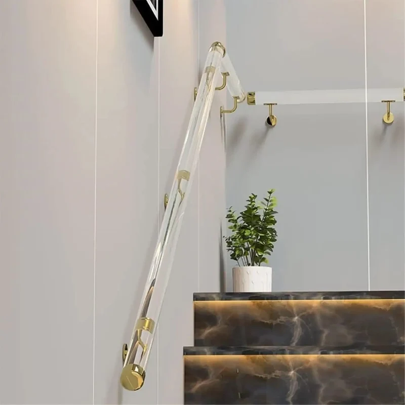 Smooth Ride Clear Acrylic Stair Handrail With Rock Solid Gold Brackets Custom Non Slip Wall Mount Banister For Steady Grip Indoors Or Outdoors Heavy Duty Safety Rail For Everyday Use