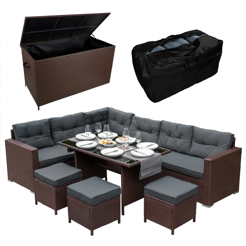 Juego de Esquinero de Comedor de Ratán y Caja de Almacenamiento - Marrón
