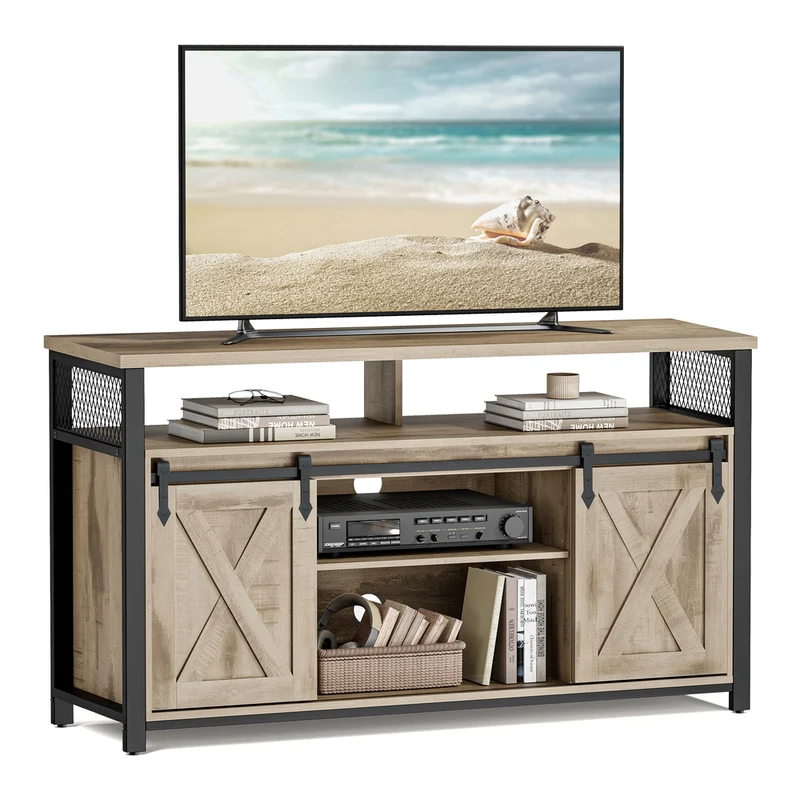 Mueble de TV Marco Metálico Marrón Roble y Negro