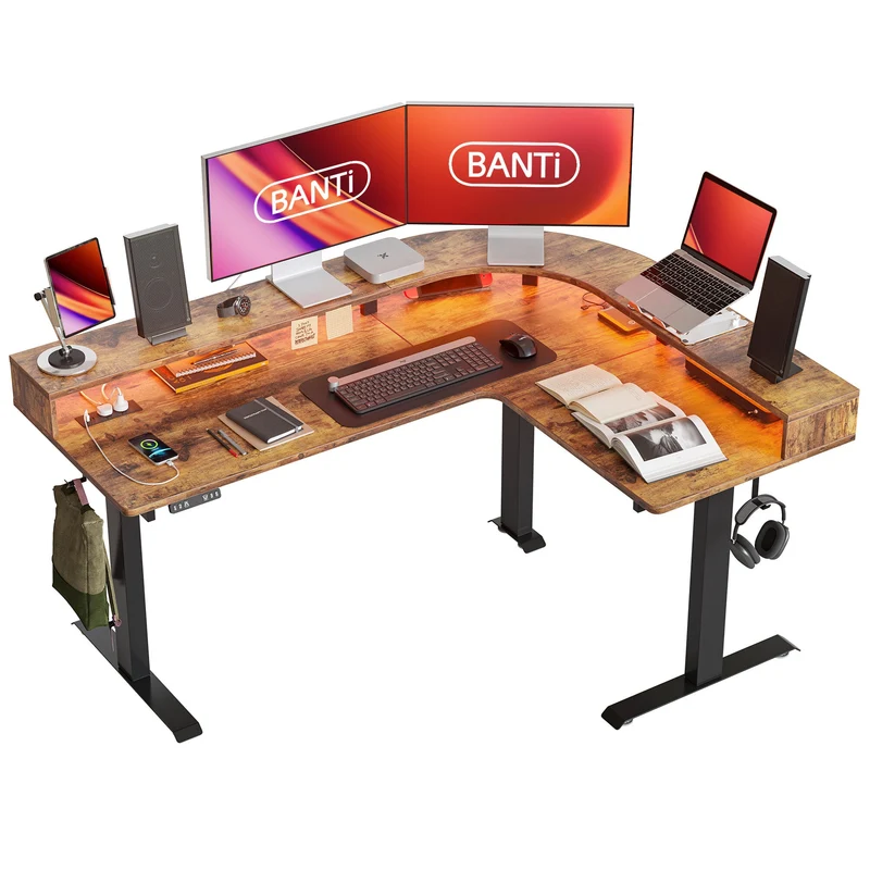 Curved L-Shaped Desktop with LED Strip