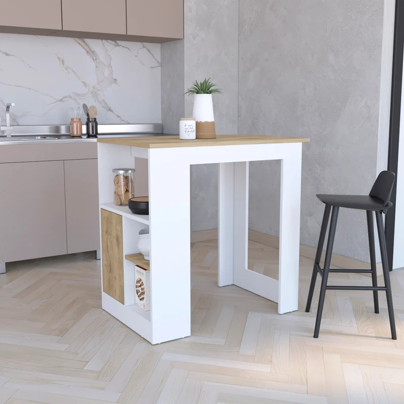 Isla de cocina Oviedo en Melamina con mini armario de 1 puerta y estantes laterales