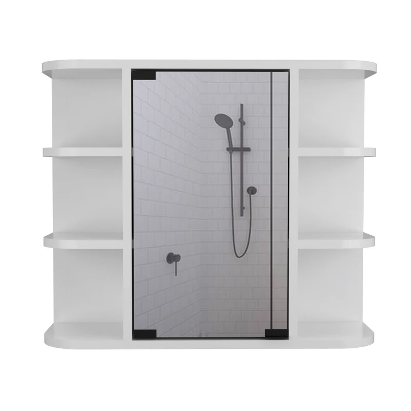 Armario de Pared para Baño Milán con Estantes y Espejo, Blanco Nevado/ Wengue