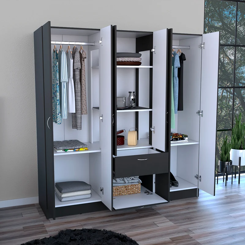 Armario de 6 Puertas Mitu, con un cajón y gabinete, Wengue / Blanco