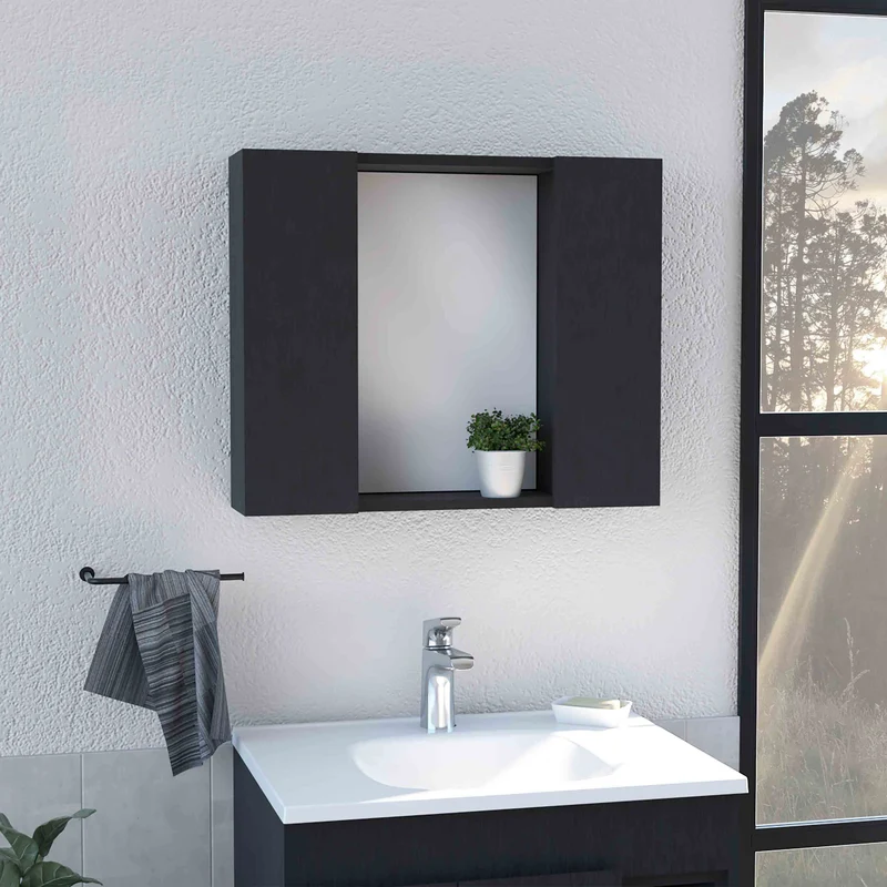 Armario Artemisa para Baño con Espejo Central y Almacenamiento Multi-Estante, Wengue