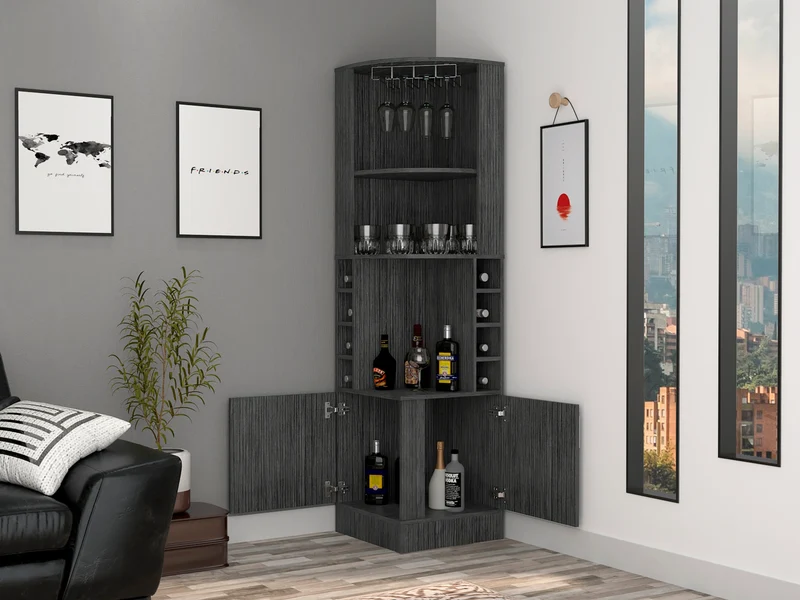 Mueble bar esquinero Syrah, con soporte para copas, Roble Gris