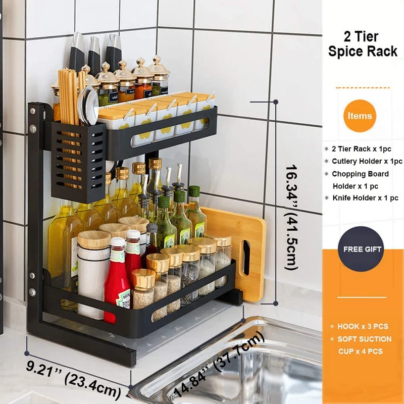 Juego de estante de especias de acero inoxidable para encimera de cocina (2 niveles y 3 niveles)