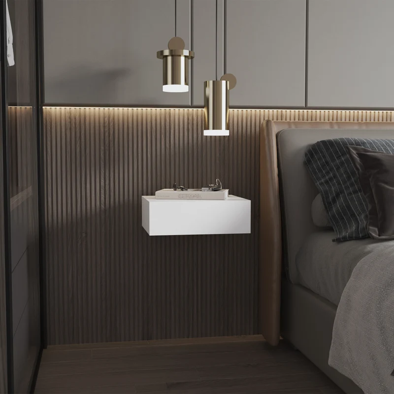 Mesa de noche flotante Milano en melamina con cajon de riel metalico