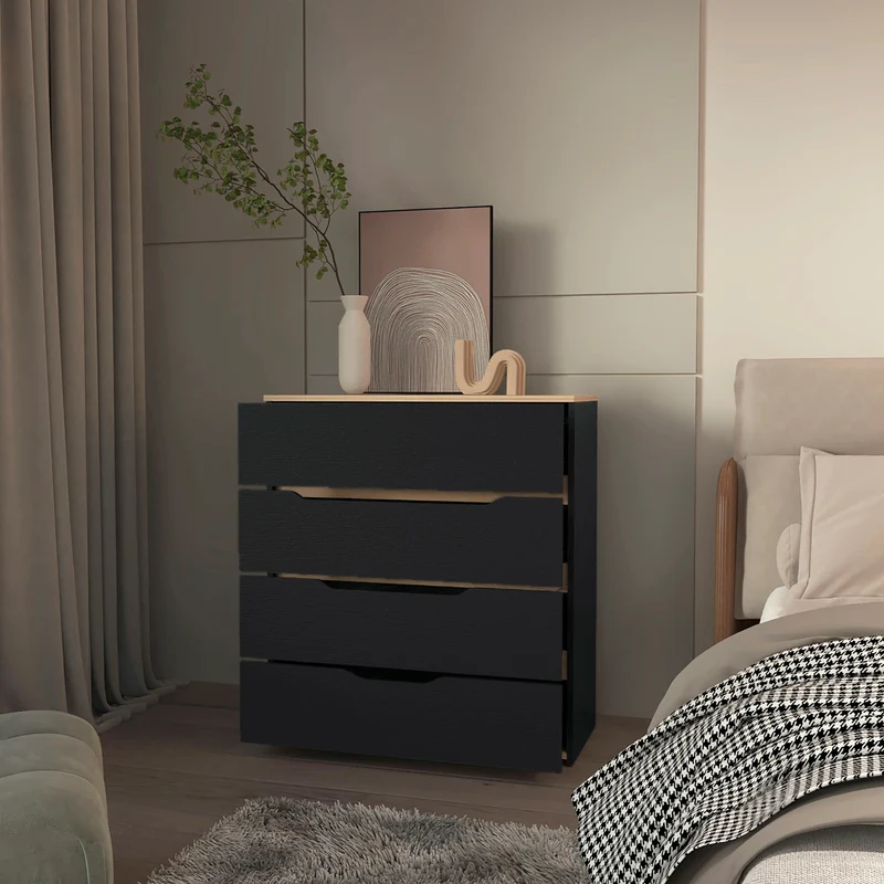 Comoda Zoe en melamina, cuatro cajones con rieles metalicos