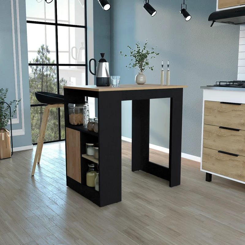 Isla de cocina Stirling en melamina con 3 estantes y puerta de almacenamiento inferior , Negro / Beige , 91.3 cm X 92 cm X 59 cm