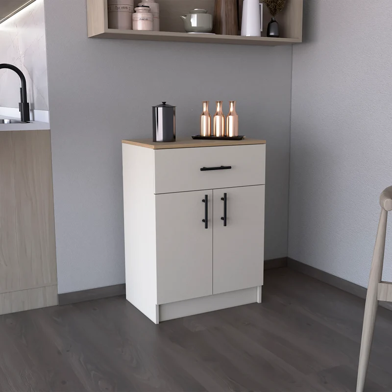 Alacena Mayorca en melamina con 2 puertas , 2 estantes y cajon con rieles metalicos , Blanco / Beige , 85.1 cm X 60 cm X 40.5 cm